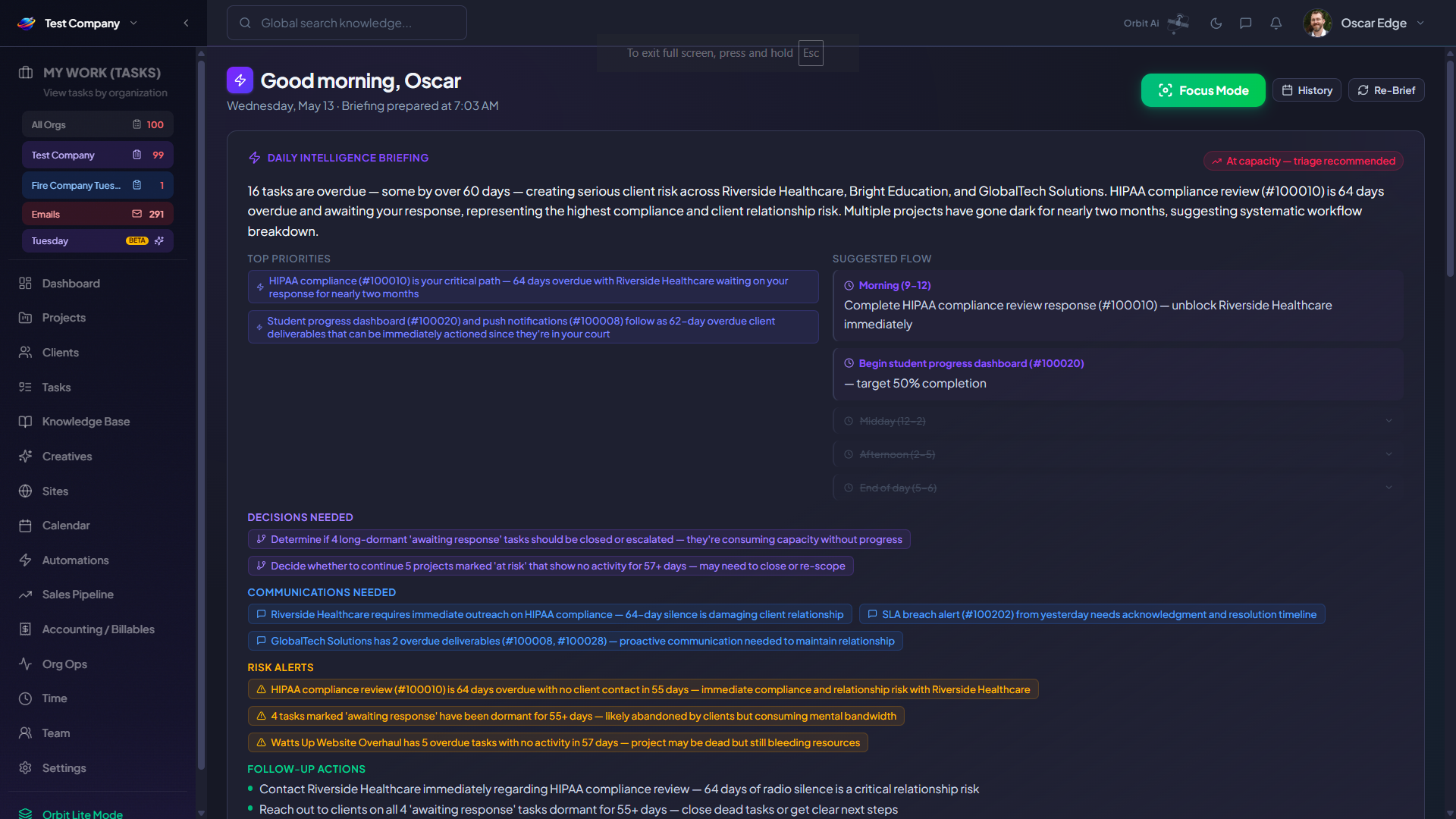 Tuesday AI morning briefing showing client risk analysis, overdue task alerts, and specific decision nudges